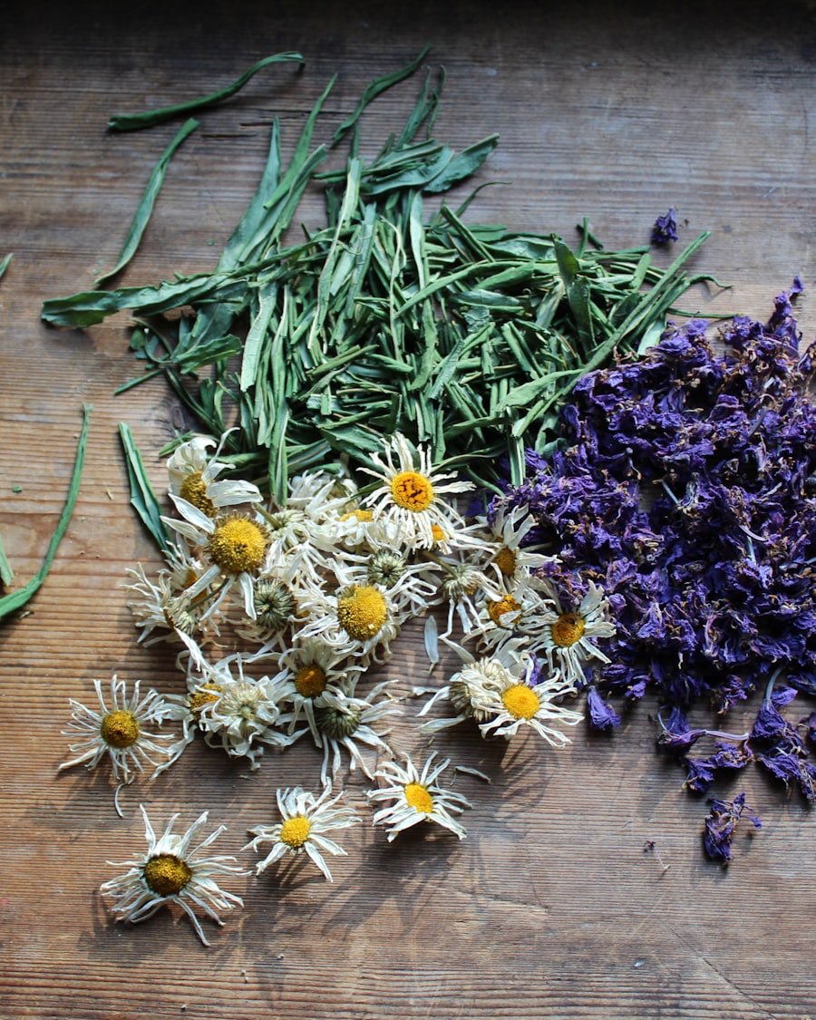 Dried herbs and flowers on a wooden table